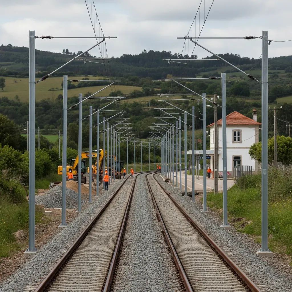 Portuguese railway line with new electrification poles and distant workers upgrading the track