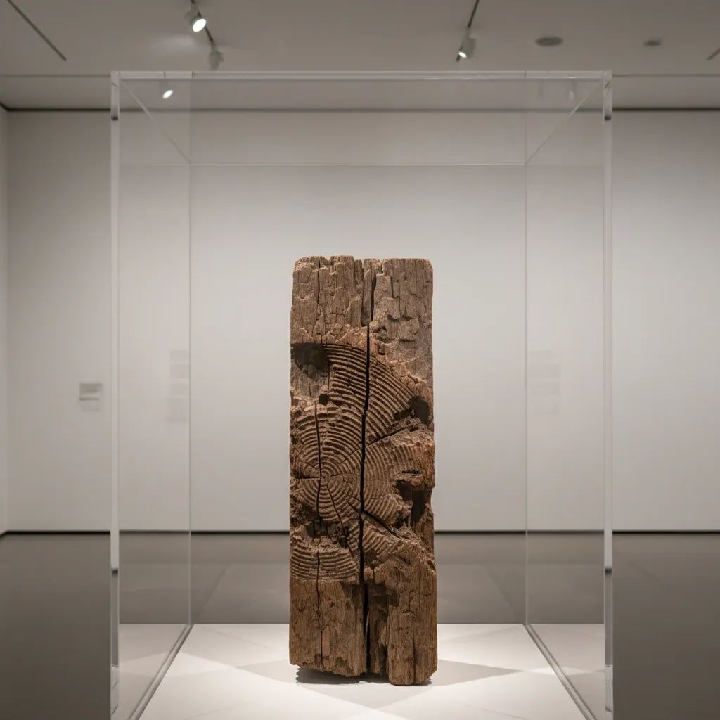 Historic wooden artifact from slave ship São José on museum display behind glass