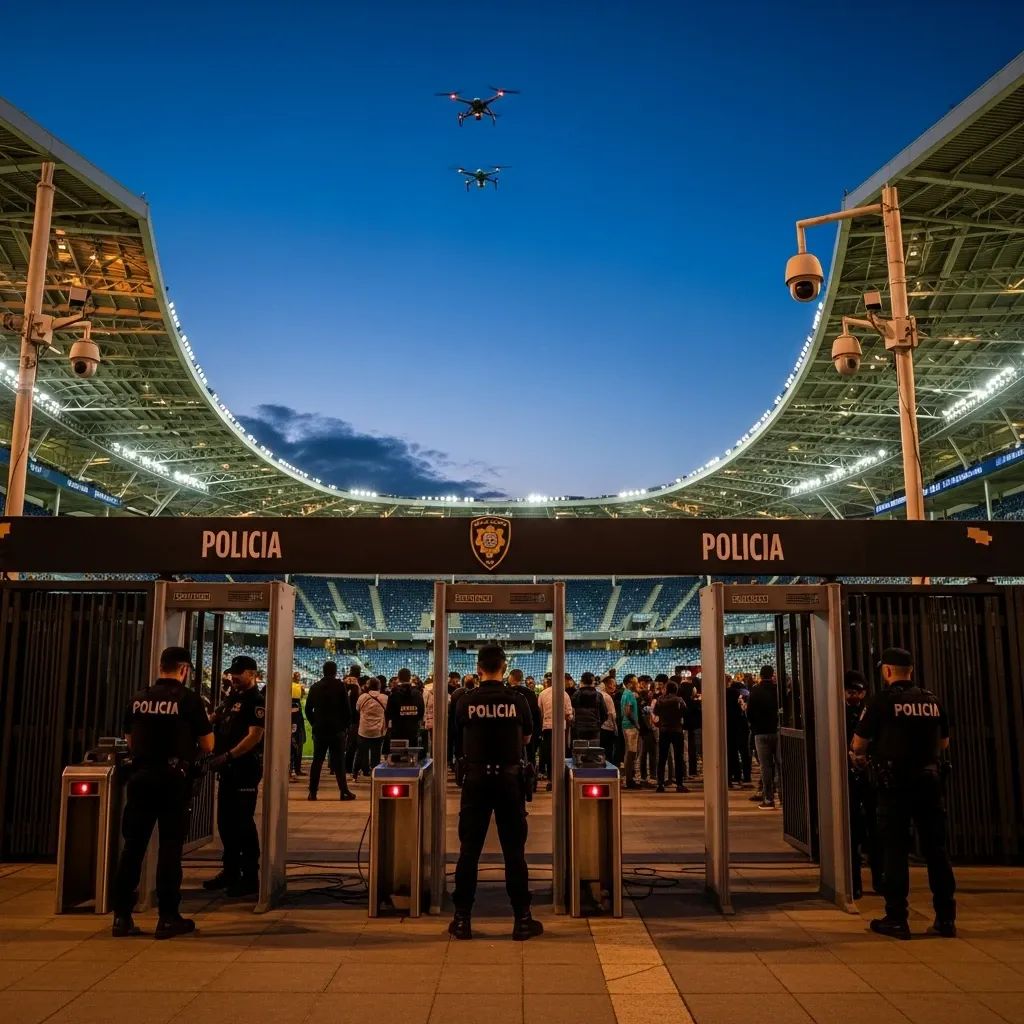 Police officers checking fans at a Portuguese stadium entrance with drones overhead