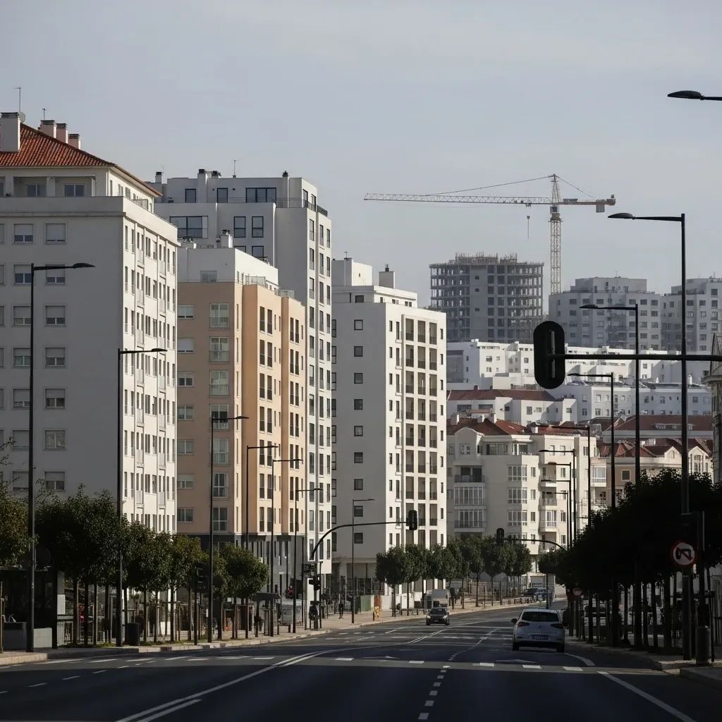 Apartment buildings and construction crane in a Portuguese city skyline