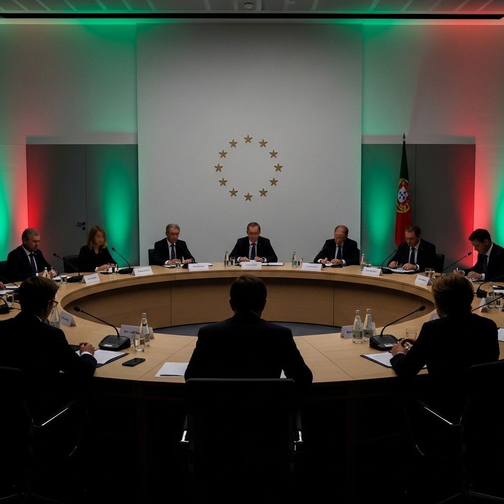 Delegates around a round conference table under EU stars emblem in a formal meeting room