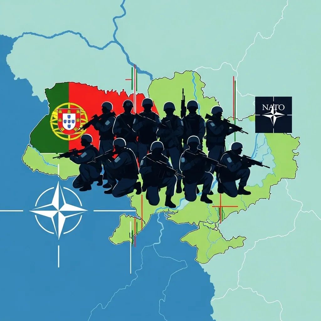Infographic of peacekeeping soldier silhouettes over map of Ukraine with Portuguese color accents