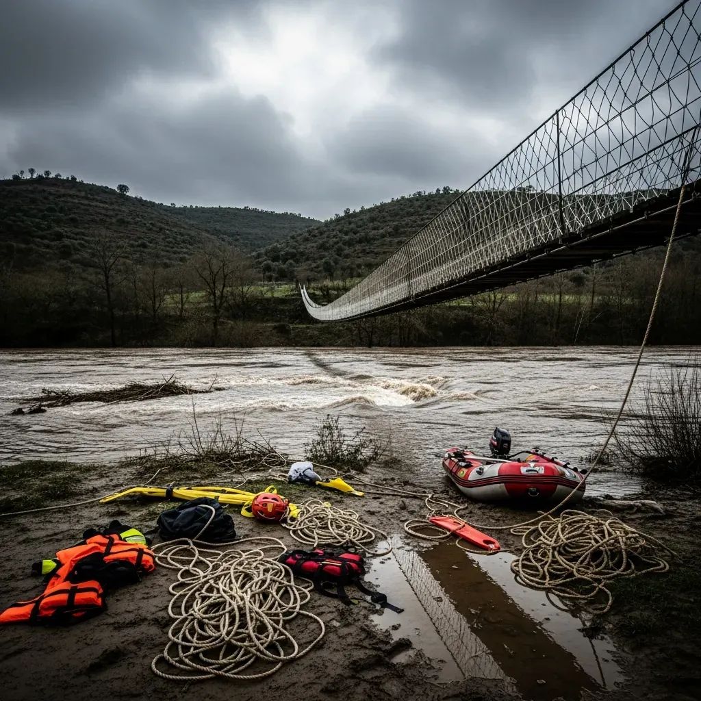 Rope bridge over swollen river in hilly Portuguese countryside