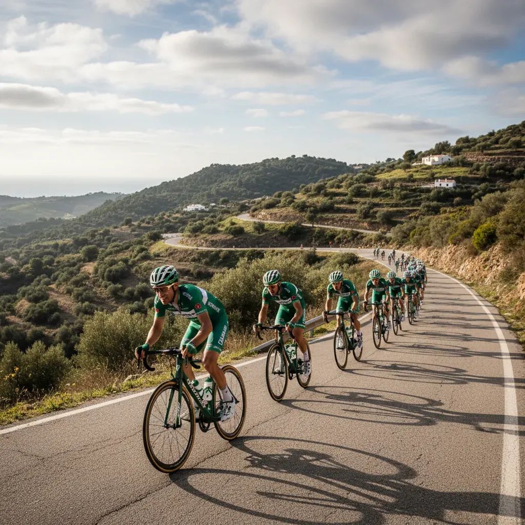 Professional cyclists climbing steep mountain road during Volta ao Algarve cycling race in Portugal's Algarve region