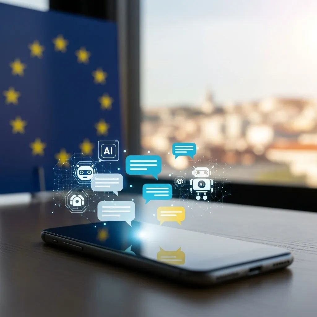 Smartphone with chat bubbles and AI robot icons against a backdrop of EU stars