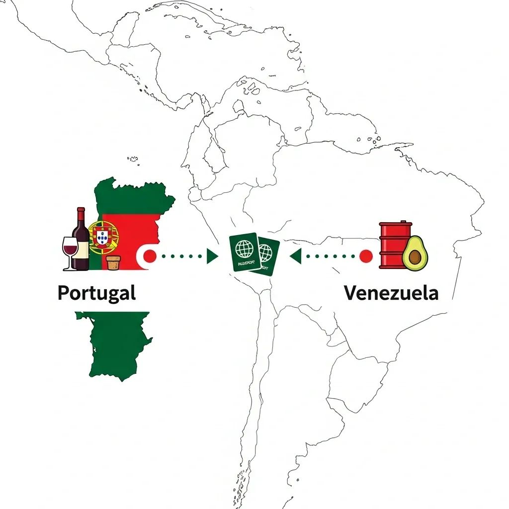 Infographic showing a map linking Venezuela and Portugal with passports and trade icons