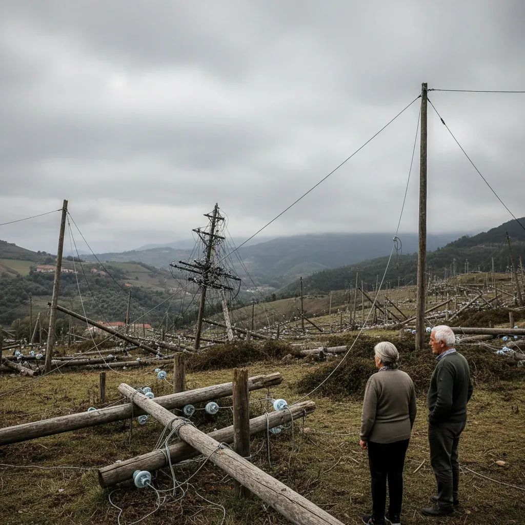 Damaged telecommunications poles and cables in rural Portugal after Storm Kristin