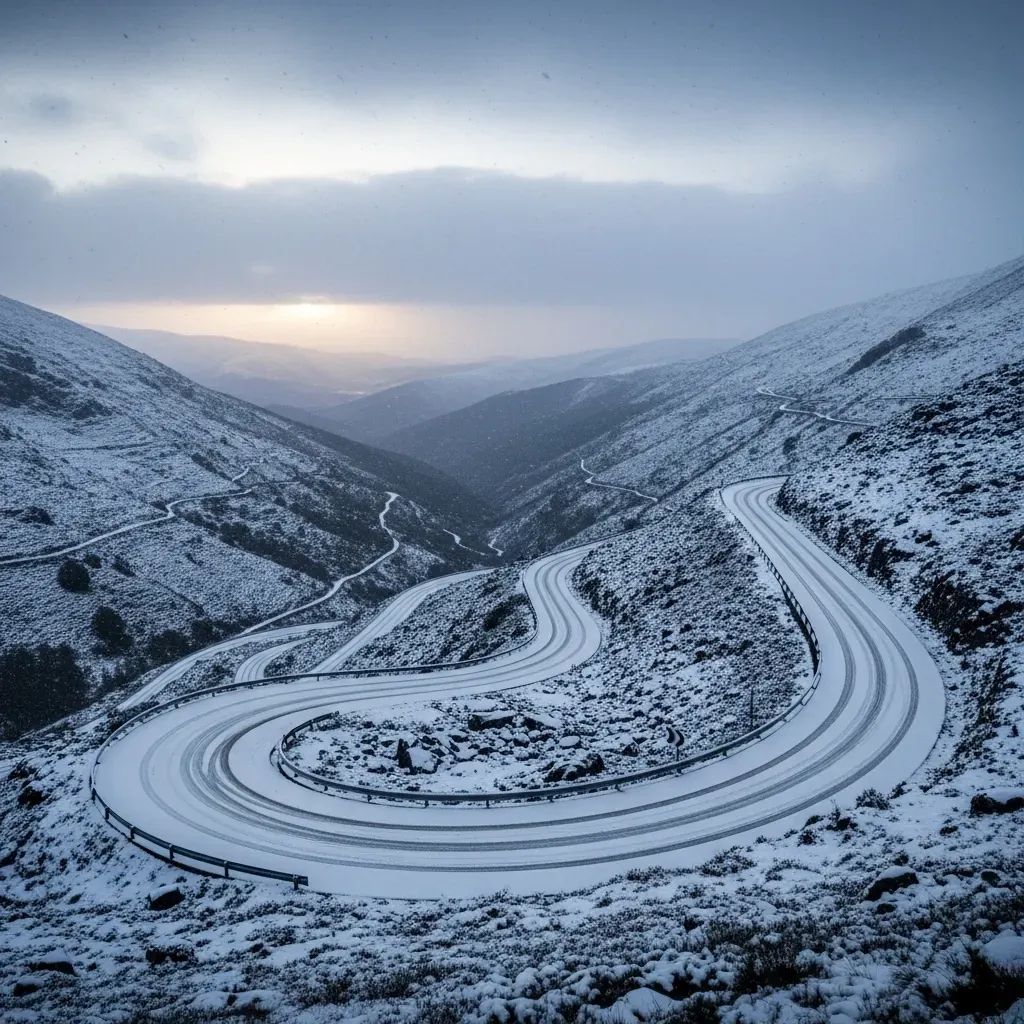 Snow-covered winding road in northern Portugal mountains under overcast sky