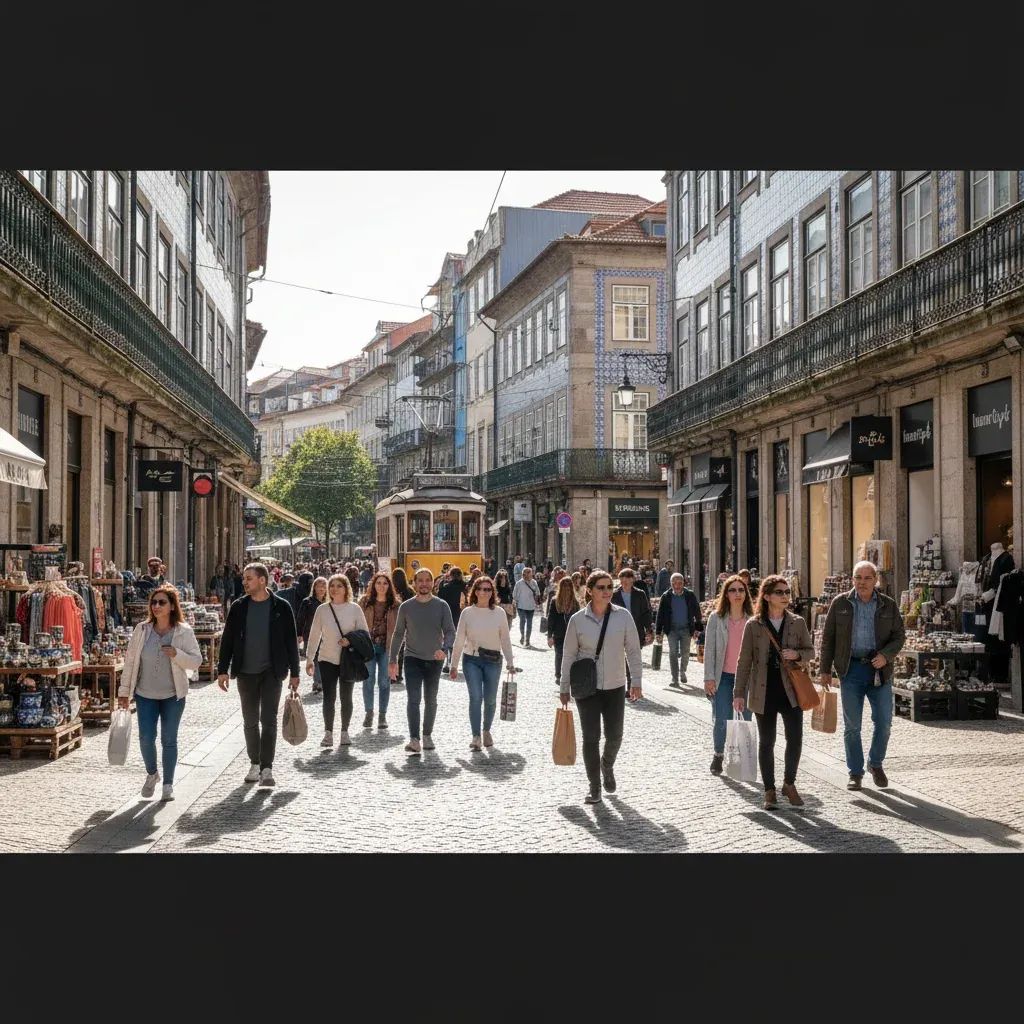 Busy Portuguese shopping district with diverse pedestrians carrying shopping bags and exploring storefronts