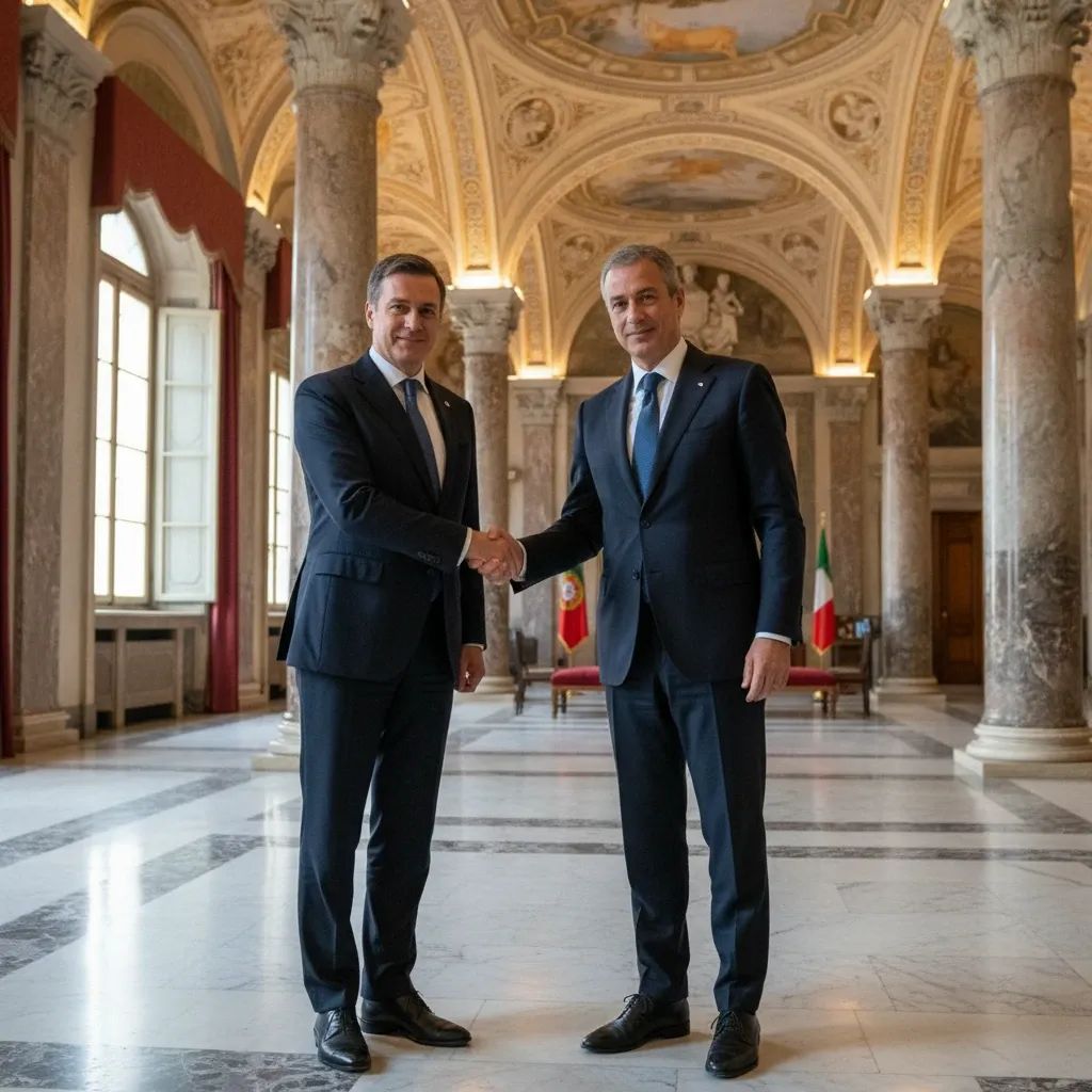Portuguese president and Italian leader shake hands in ornate palace hall