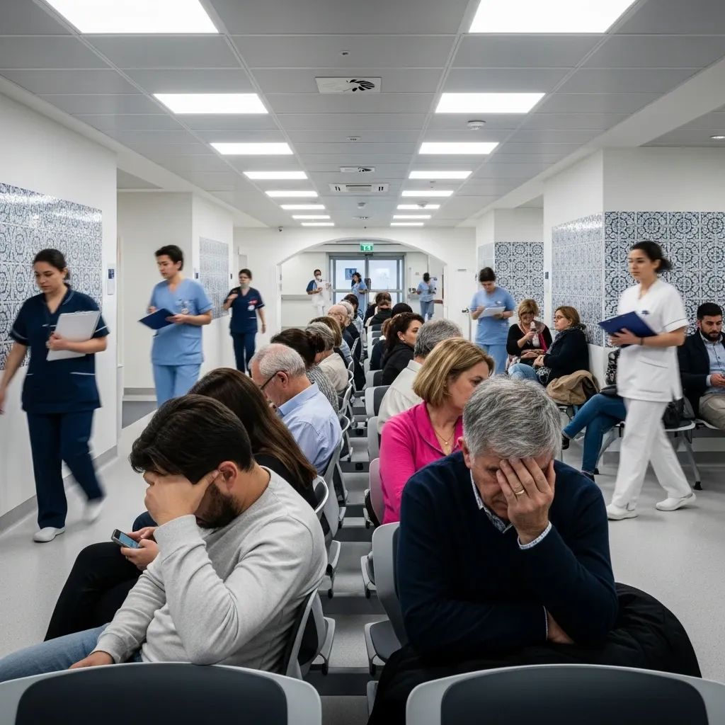Patients waiting in a hospital emergency department with nurses in the background