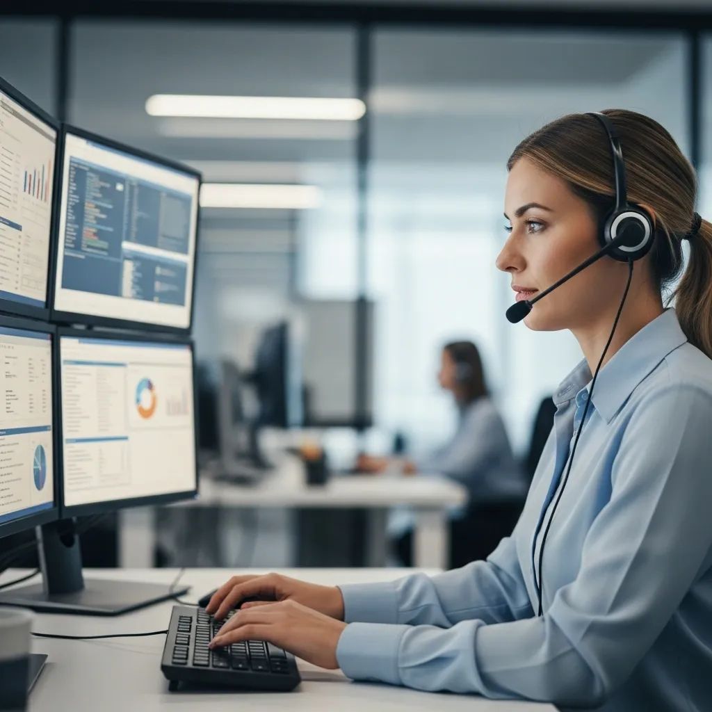 Call center operator wearing headset at telemedicine hotline desk with computer monitors