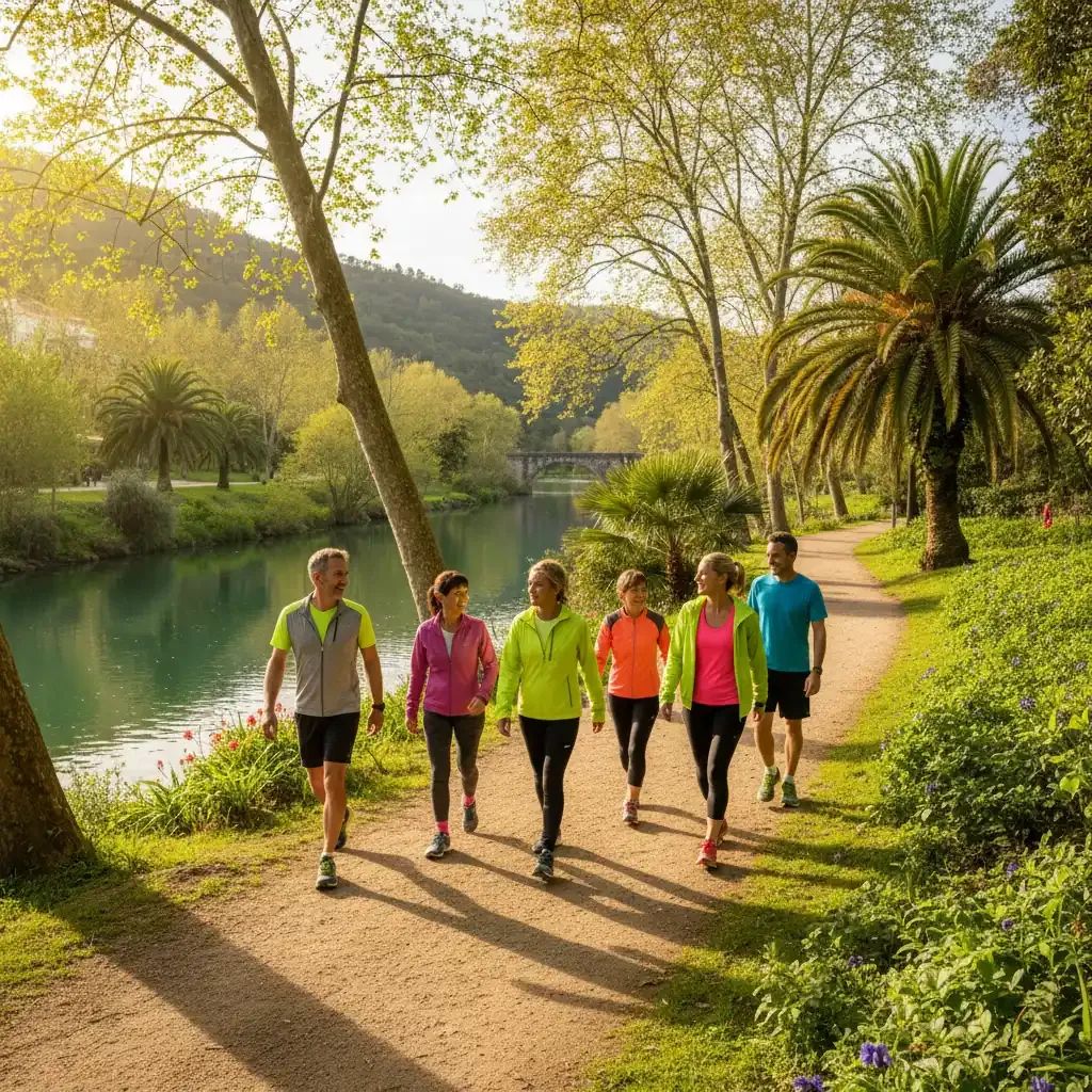 Group of adults walking outdoors in a Portuguese spring landscape with green trees and natural light