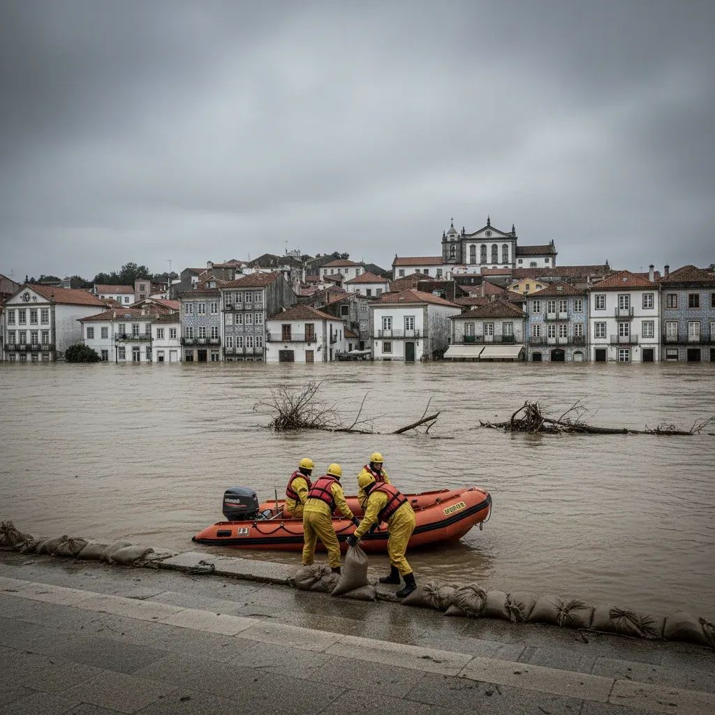 Rescue boat and volunteers placing sandbags in floodwaters along Alcácer do Sal riverfront