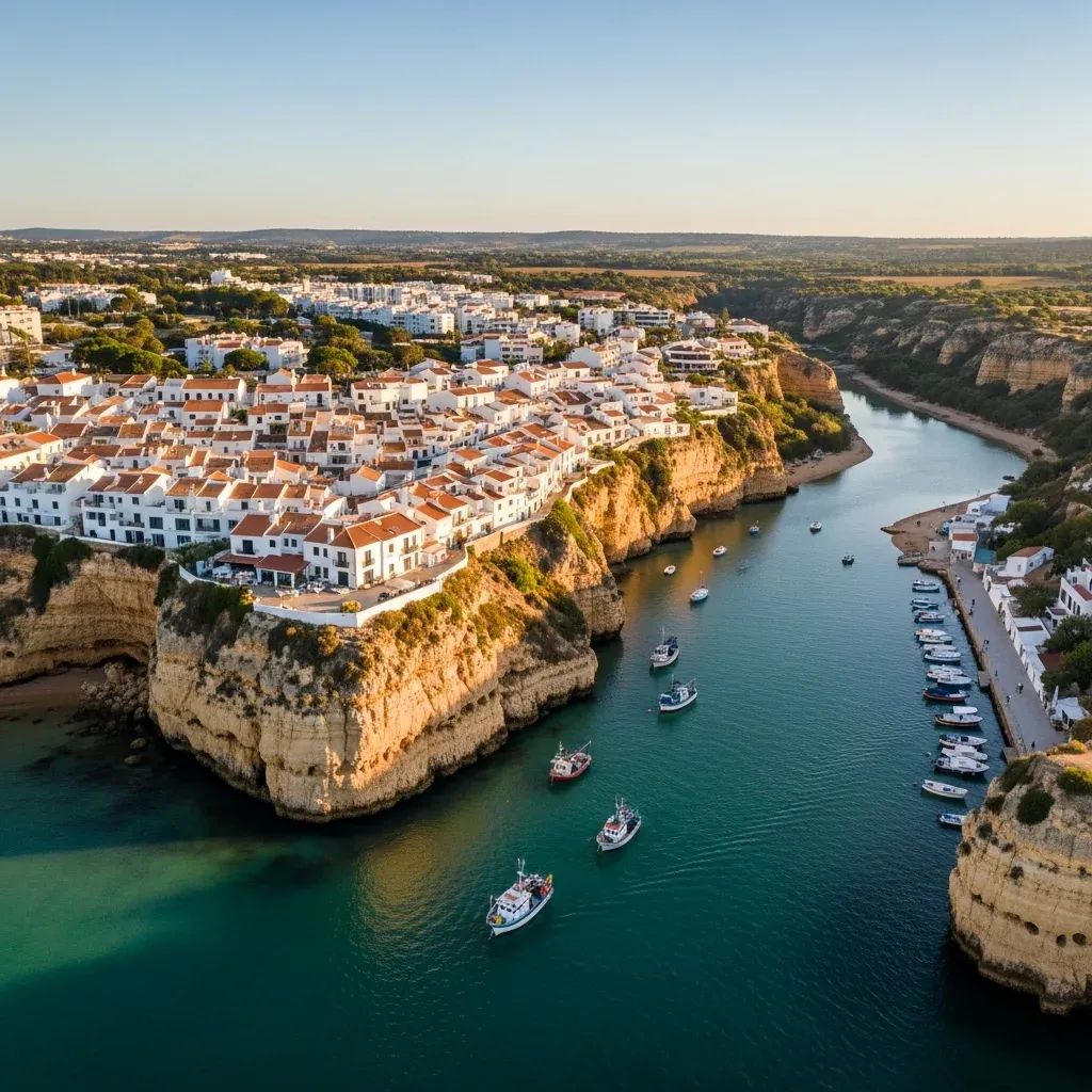 Aerial view of Cacela Velha whitewashed houses on an eroding Algarve cliff above the Ria Formosa lagoon