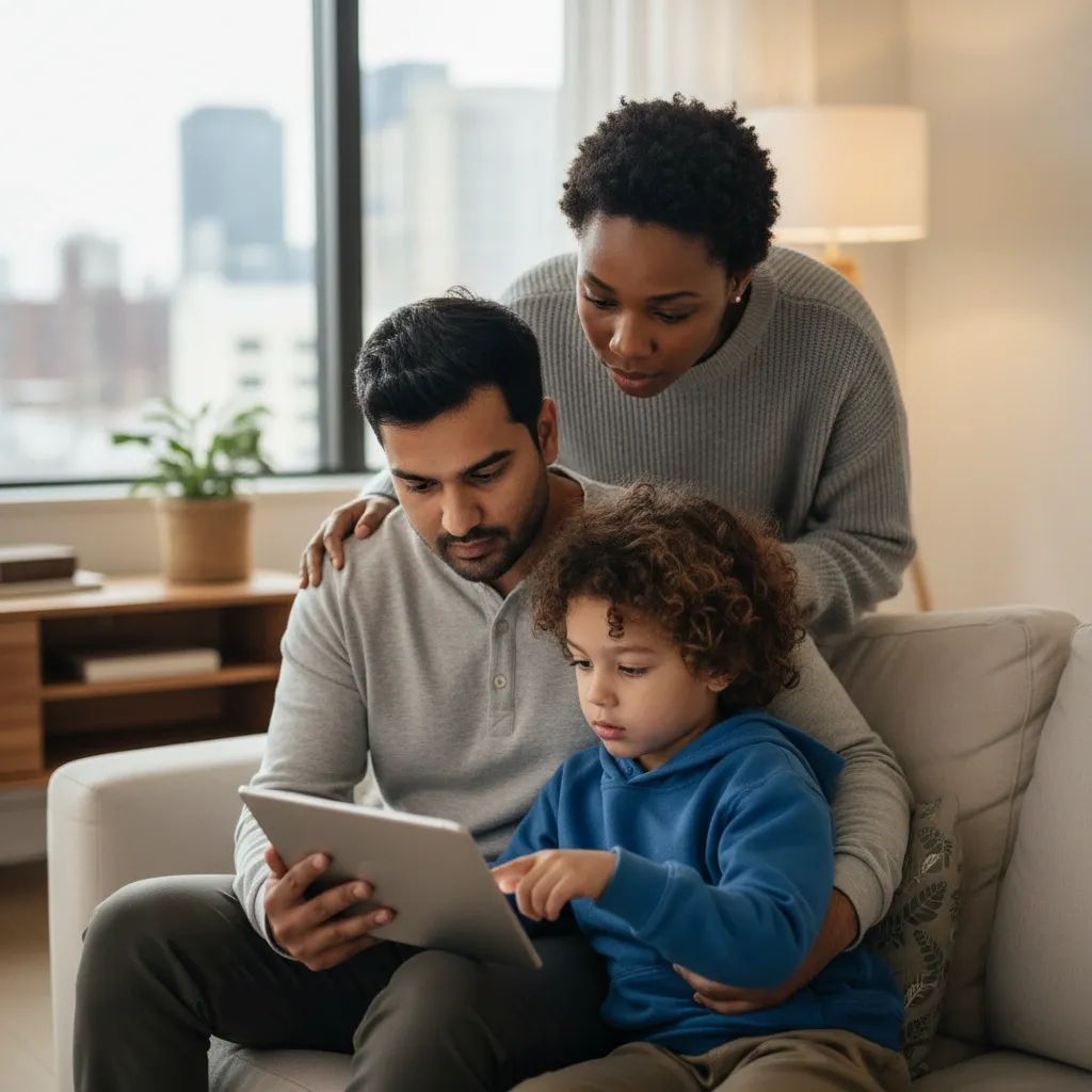 Parent and child reviewing digital device safety together in home setting