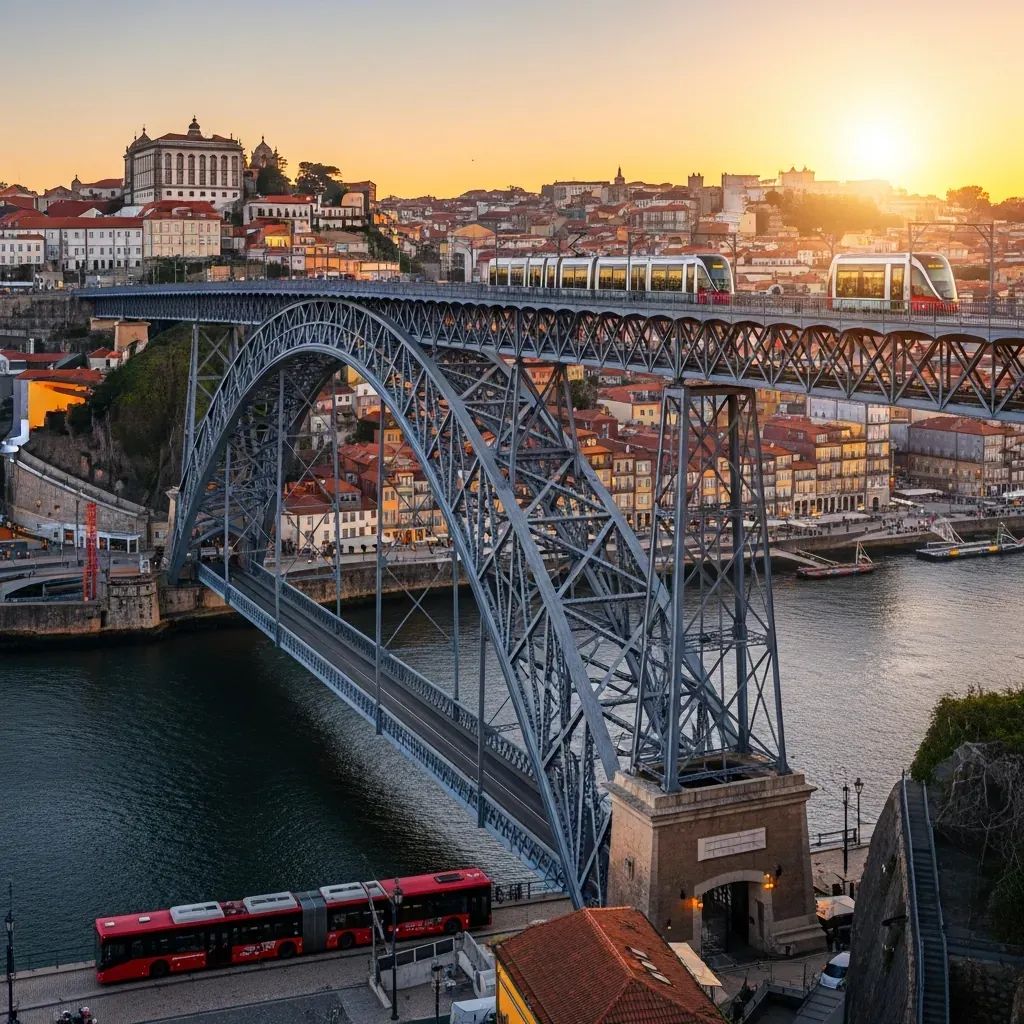 Double-decker steel arch bridge in Porto with a tram on the upper deck and bus on the lower deck over the Douro River