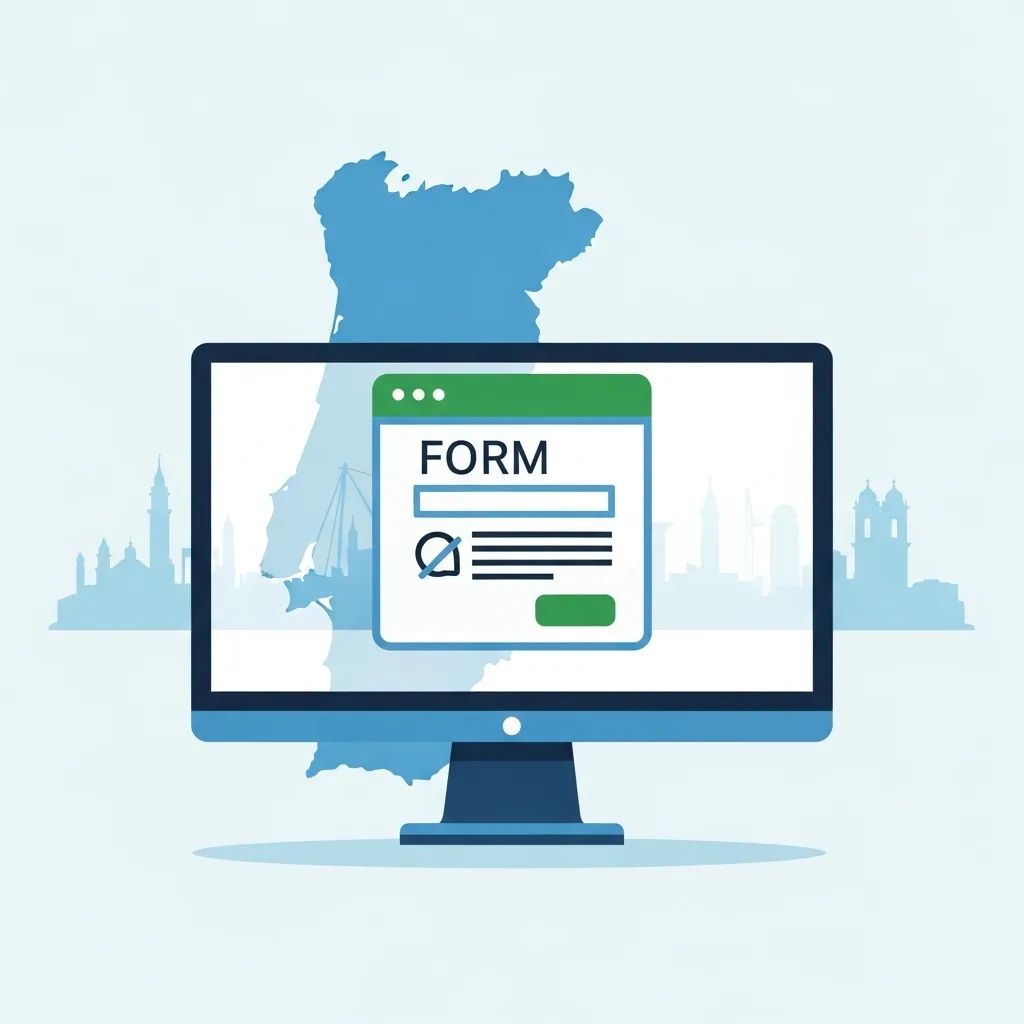 Illustration of a computer monitor showing an online form with a Portugal map silhouette in the background