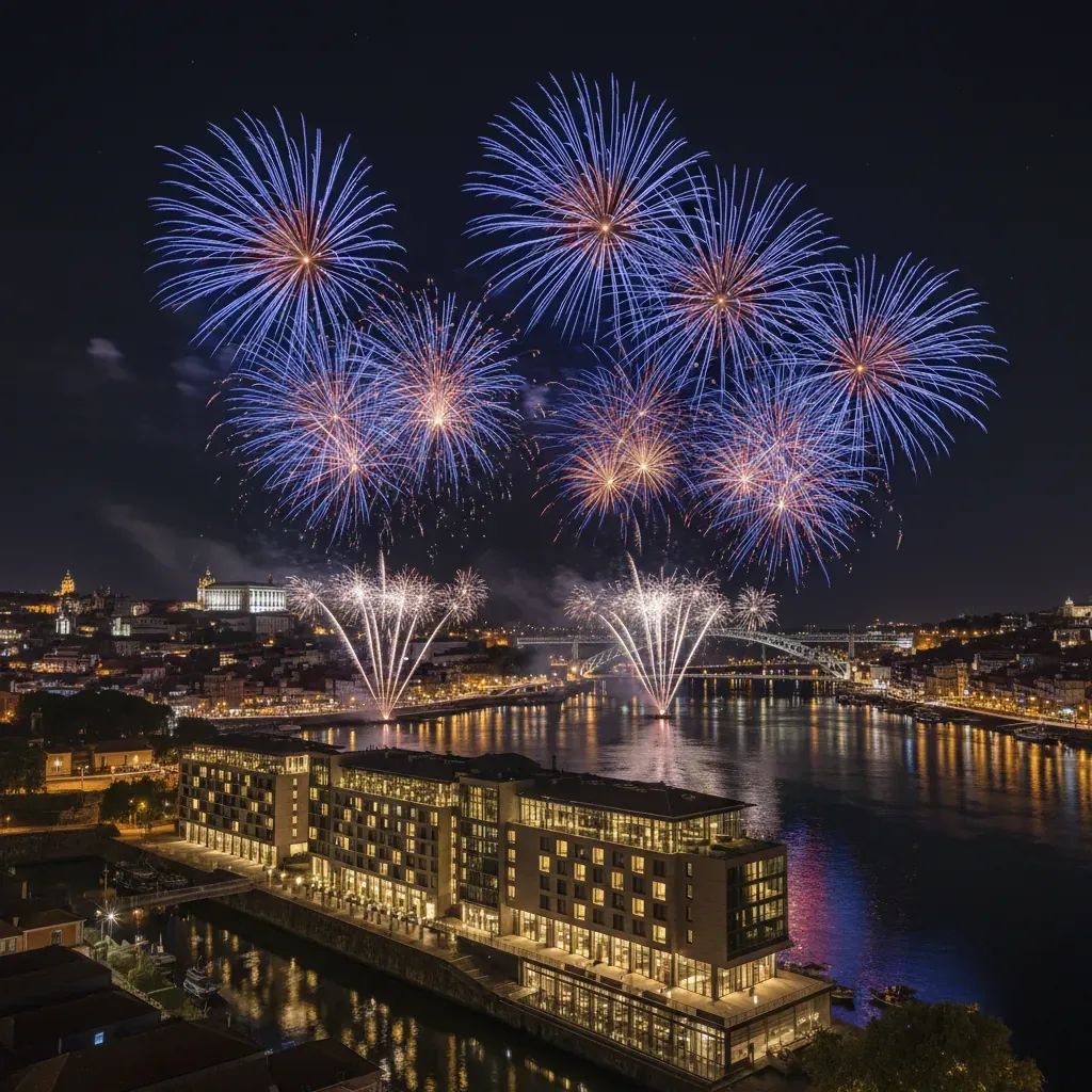 Unauthorised fireworks burst above a Gaia riverside hotel at night, highlighting Portugal’s noise law issue