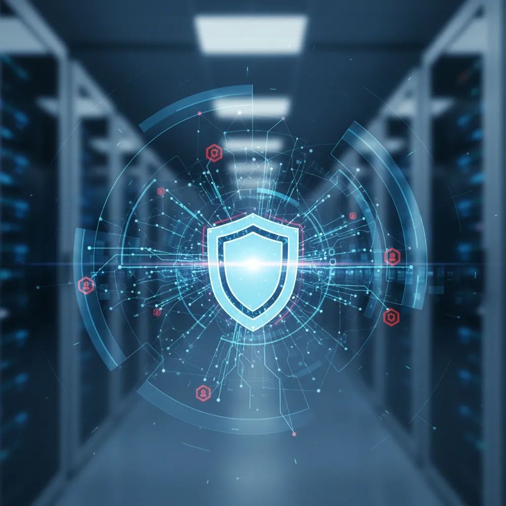 Abstract digital security network visualization with protective shield and warning indicators