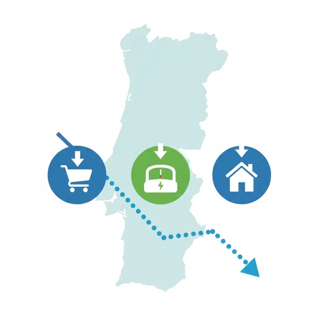 Icons of groceries, energy meter and house with downward arrows over a declining inflation line graph