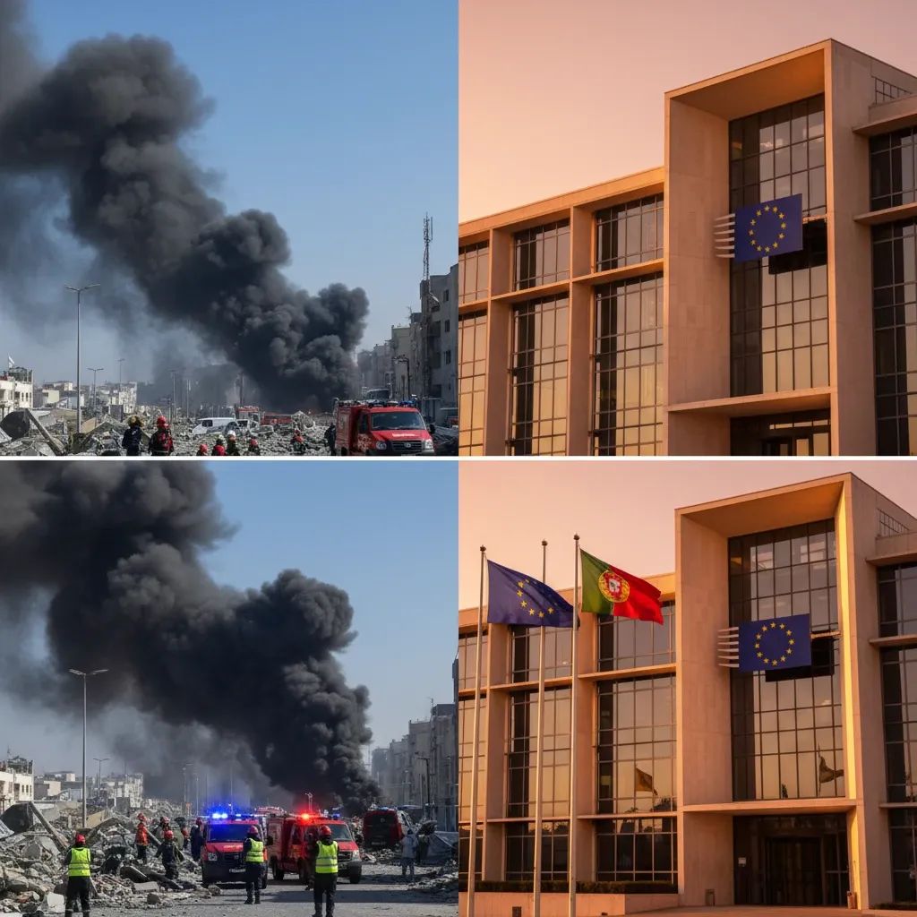 Split-screen news graphic showing Middle East conflict scene and Portuguese government building symbolizing Portugal's response to regional crisis