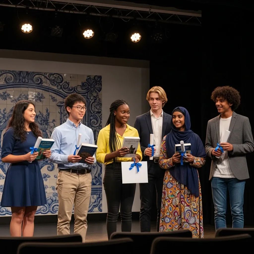 Teen students holding a book and certificate at a school literary award ceremony
