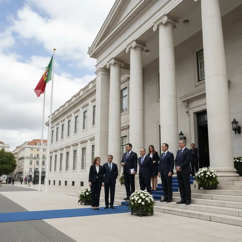 Portuguese government building with officials gathered, representing political institutional structure and democratic transition