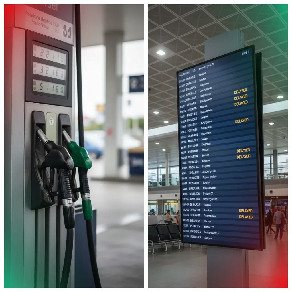 Fuel pump and airport board showing impact of Middle East crisis on Portugal