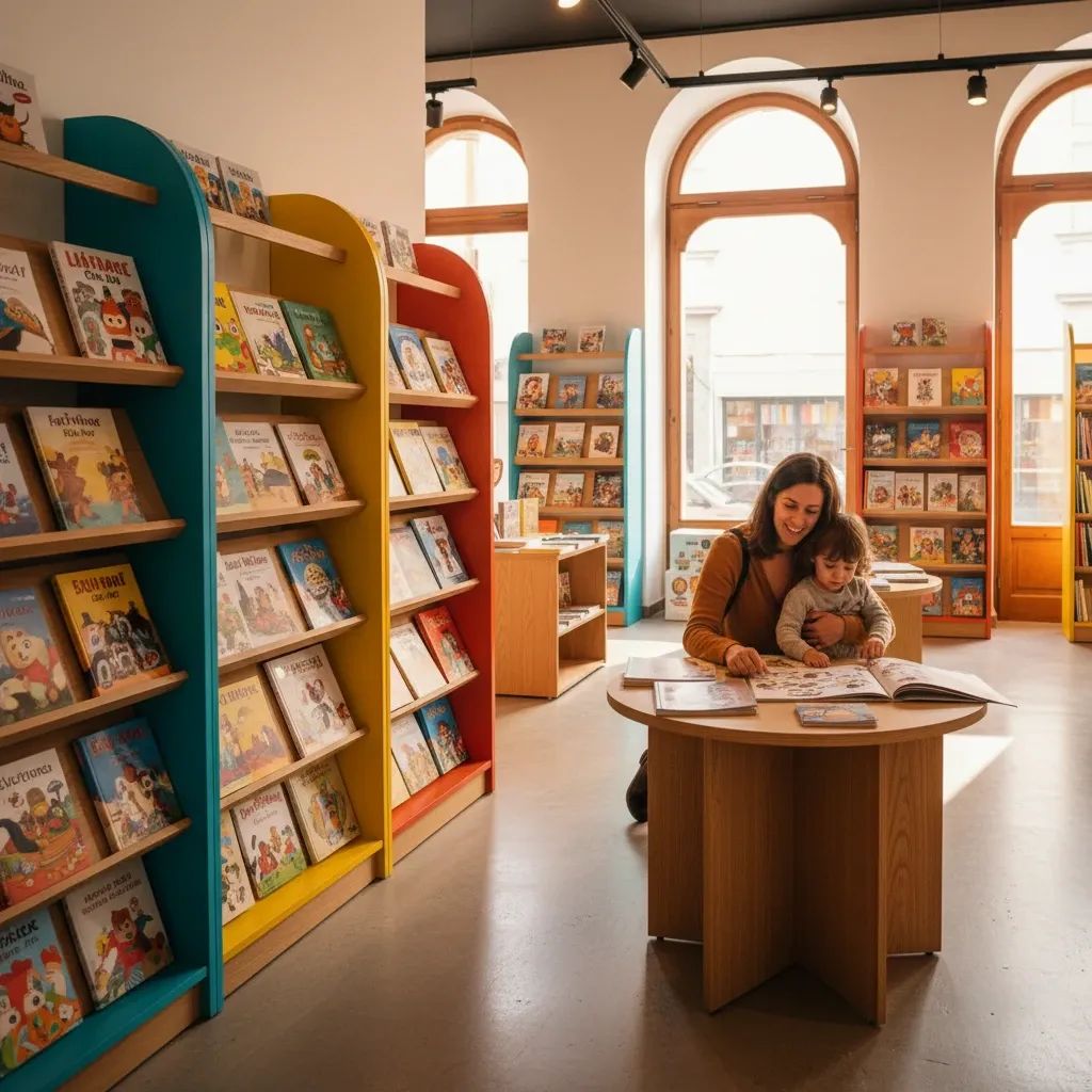 Modern bookstore interior in Portugal with colorful children’s titles and adult coloring books on display