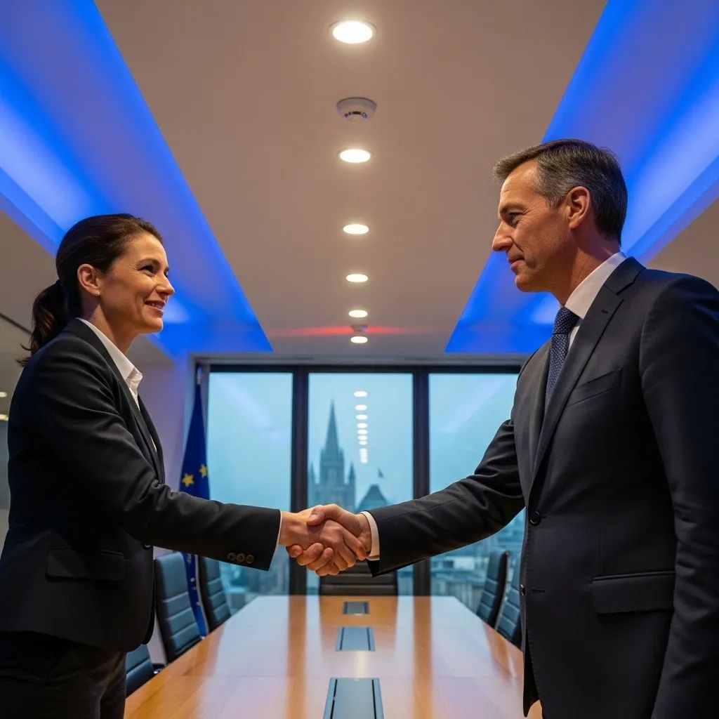 Two business people shaking hands in front of EU parliament silhouette representing EU solidarity and US partnership