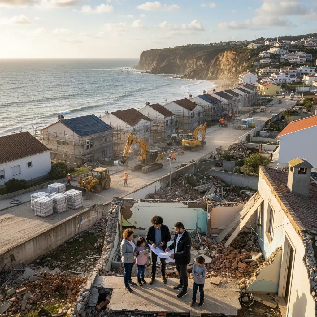 Portuguese families and construction crews assessing storm-damaged homes during emergency reconstruction effort