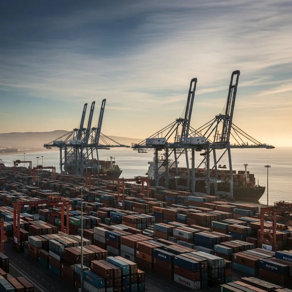 Shipping containers and cranes at a Portuguese port illustrating export activity