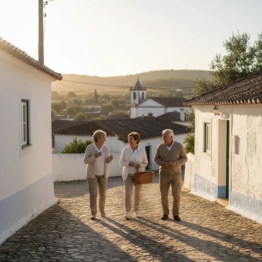 Grupo de idosos a caminhar e conversar numa aldeia rural portuguesa