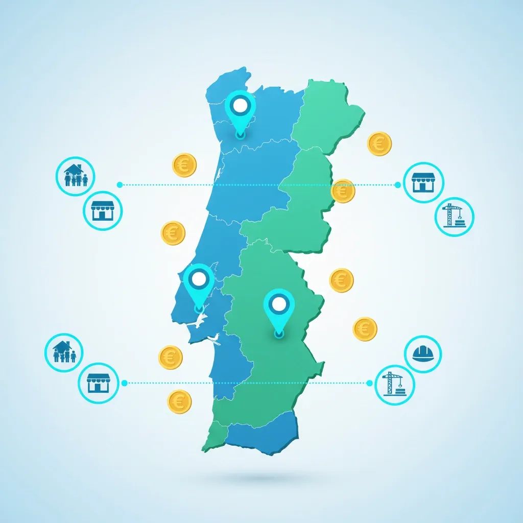 Infographic map of Portugal showing relief funds distribution with euro icons and location markers