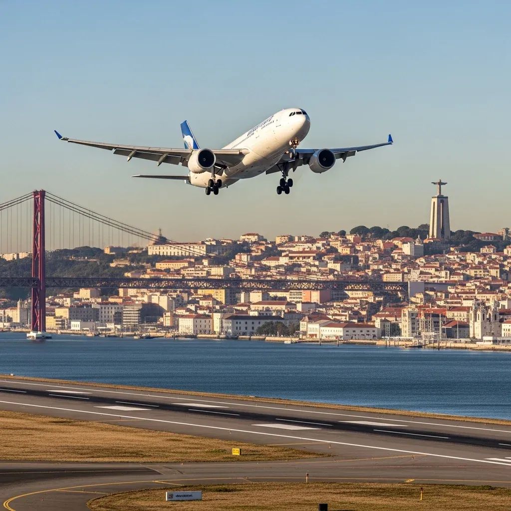 Boeing 777 climbing above Humberto Delgado Airport runway near Lisbon during a go-around manoeuvre