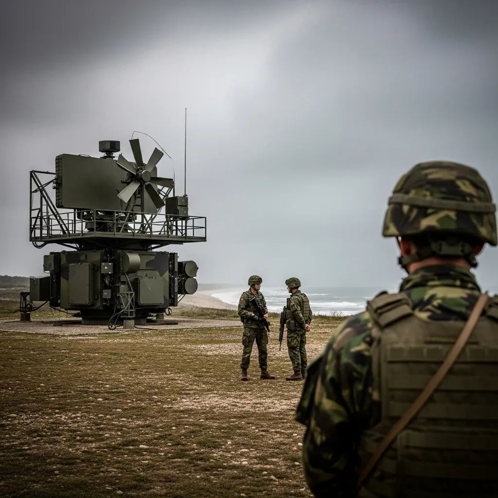 Portuguese soldiers near medium-altitude air defence radar installation in open field