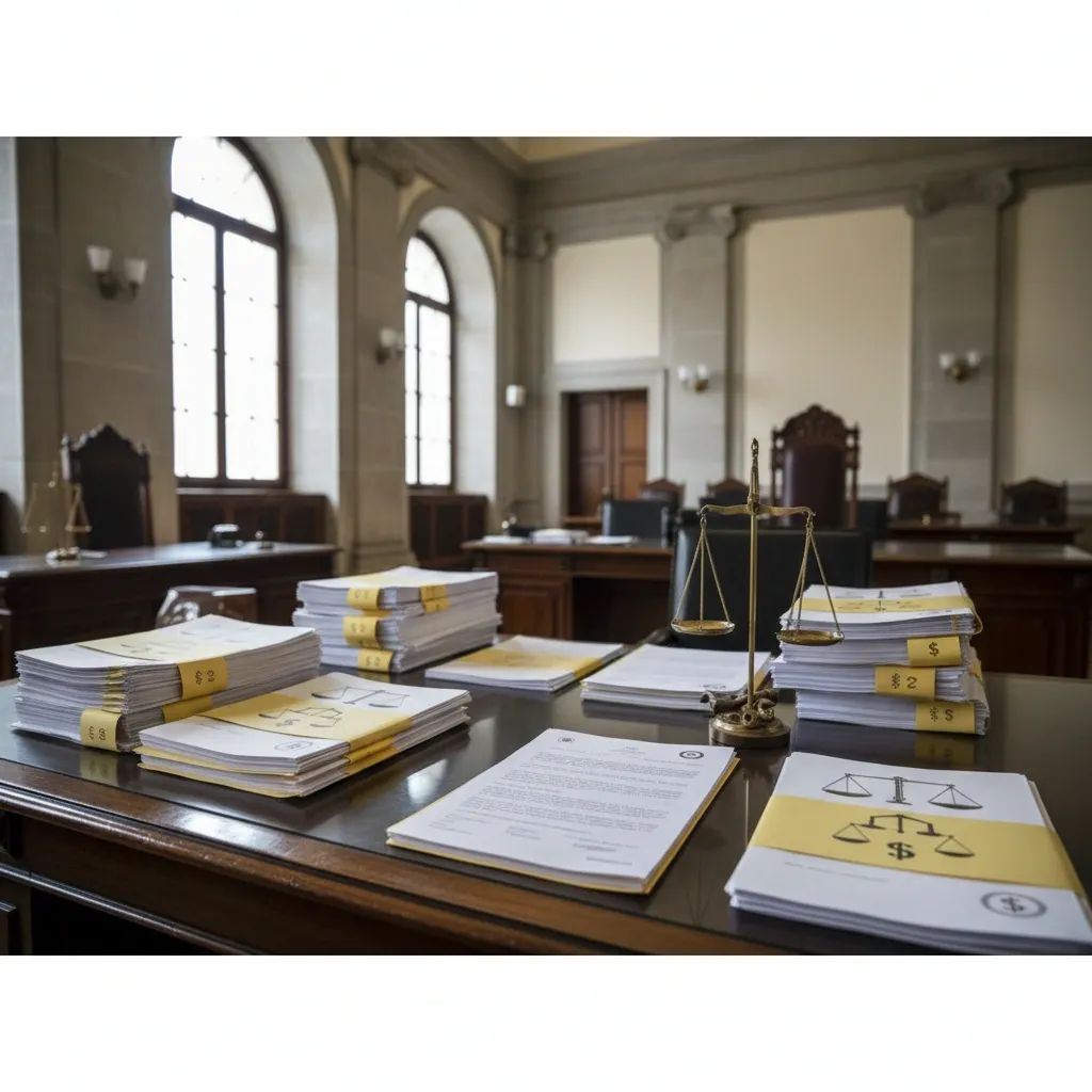 Portuguese courthouse with documents and scales of justice, representing embezzlement conviction