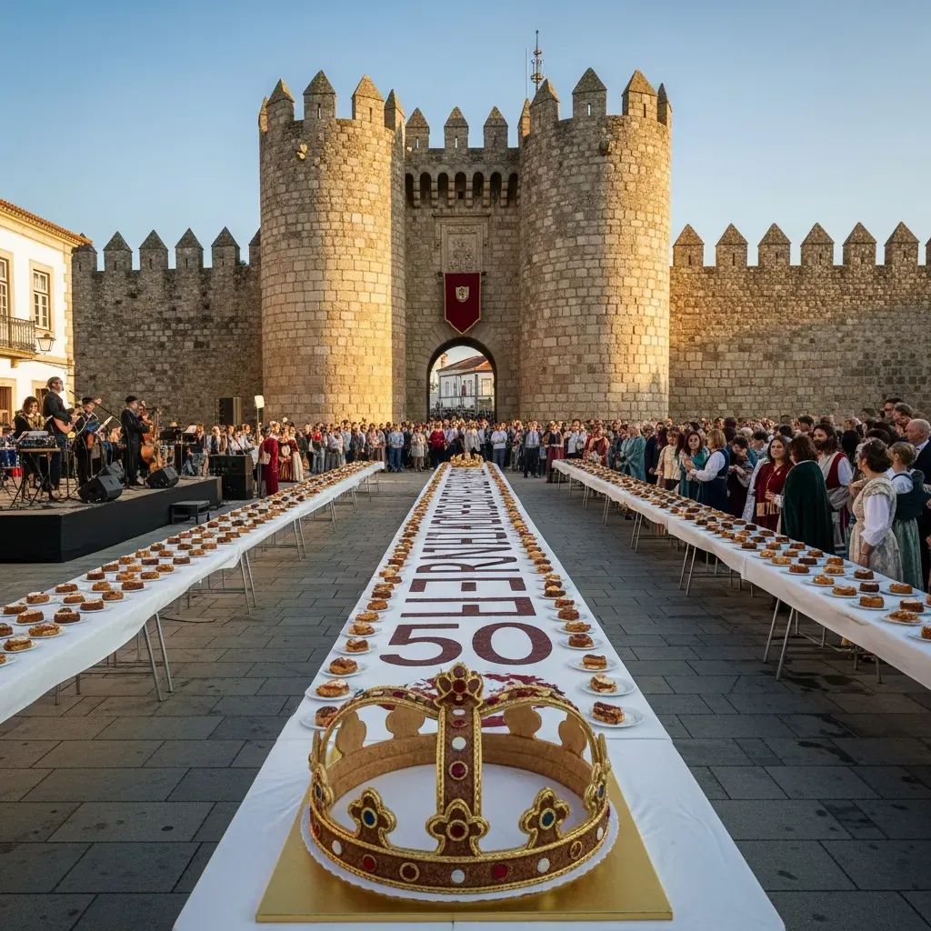 Crowd sampling a 50 m crown-shaped Bolo Rei cake in Beja’s medieval Portas de Mértola plaza