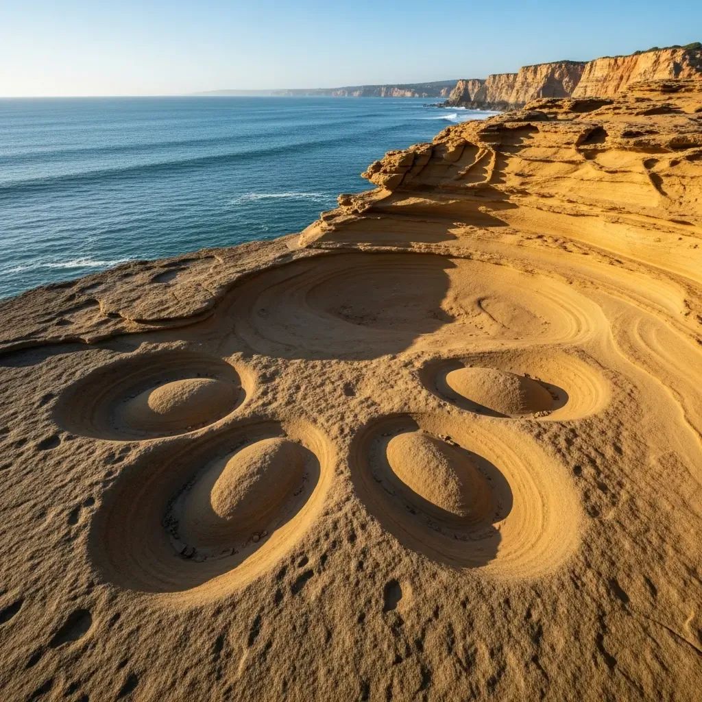 Oval dinosaur egg impressions in sandstone on Santa Cruz coastal cliff