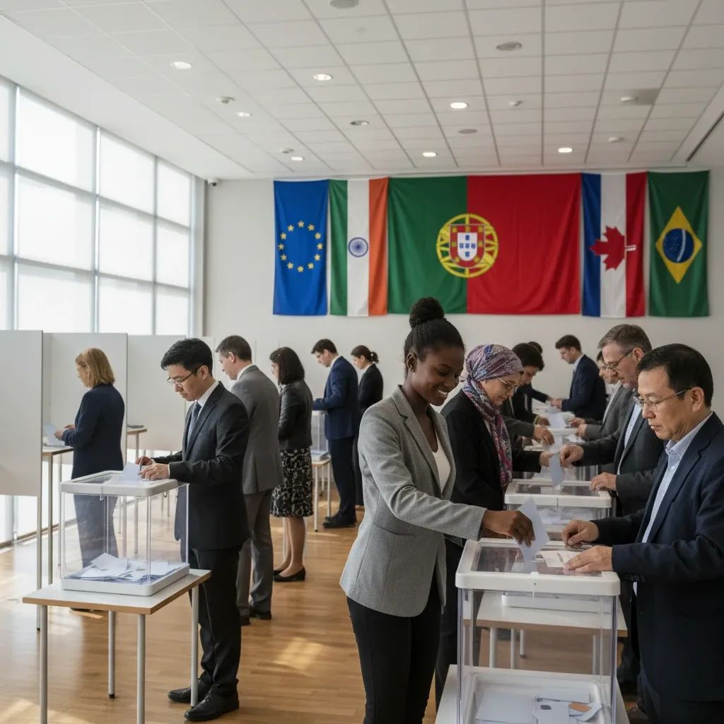 International voters participating in a modern polling station representing Portugal's diaspora voting challenges