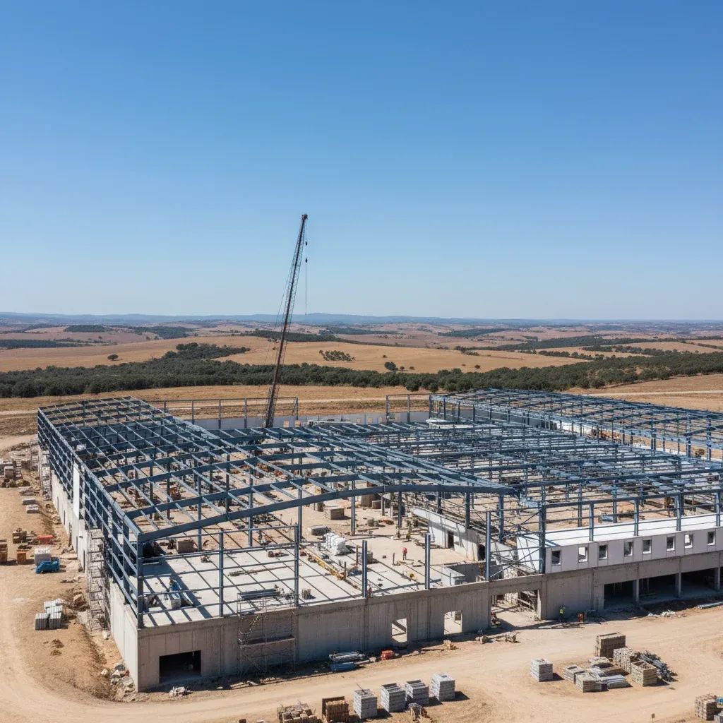 Embraer Super Tucano aircraft factory construction site in Beja, Portugal with regional landscape