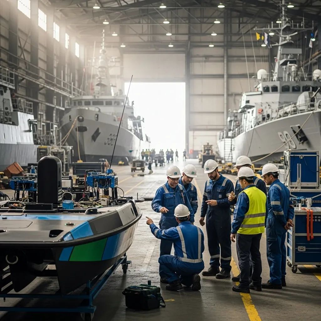 Engineers inspecting an unmanned surface vehicle at a Portuguese shipyard