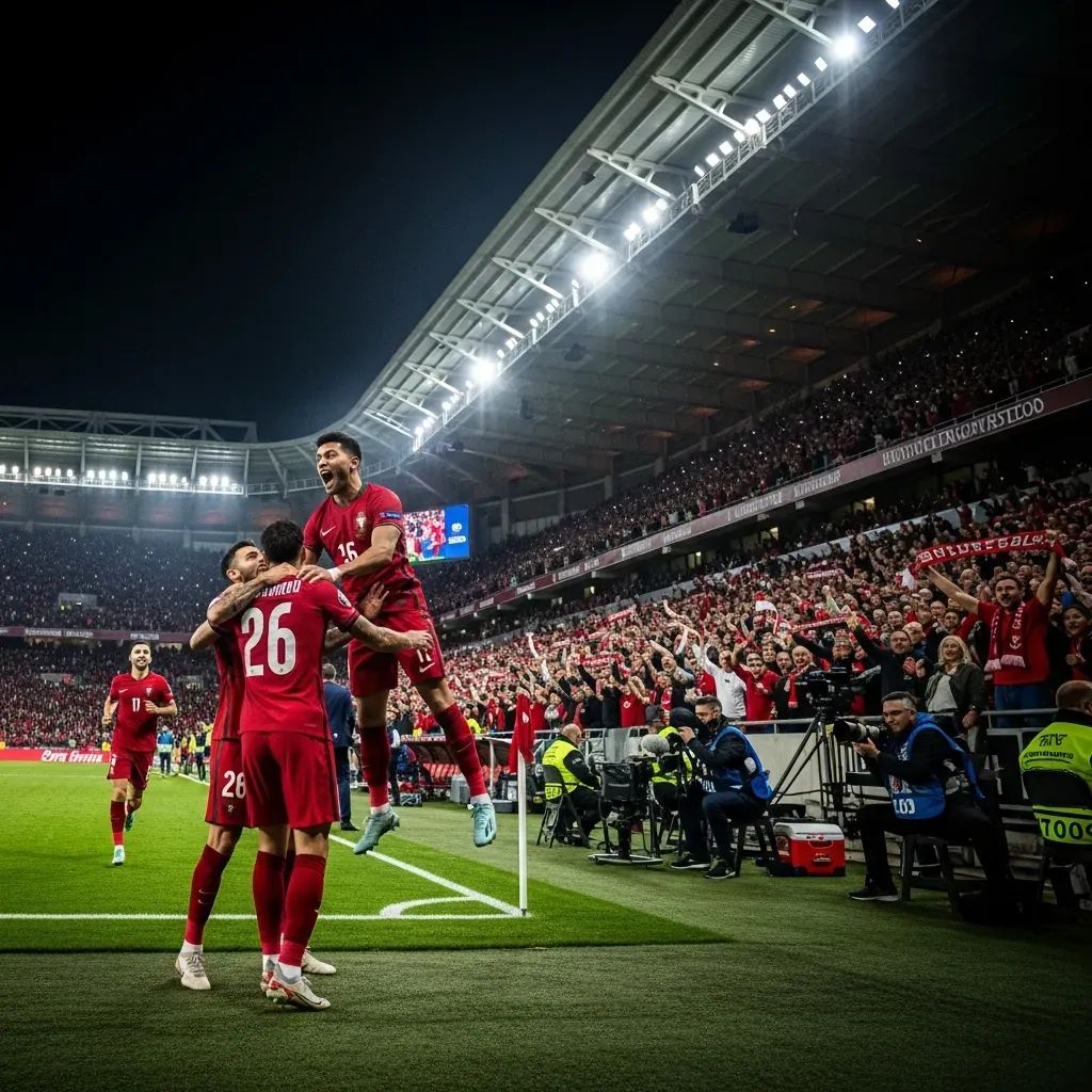 Benfica players in red jerseys celebrating a goal in a floodlit stadium