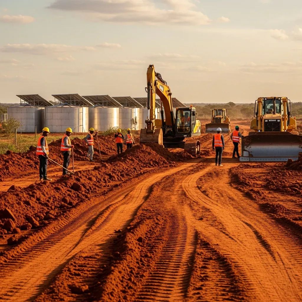 Wide-angle shot of road construction in Angola with heavy machinery and water treatment tanks