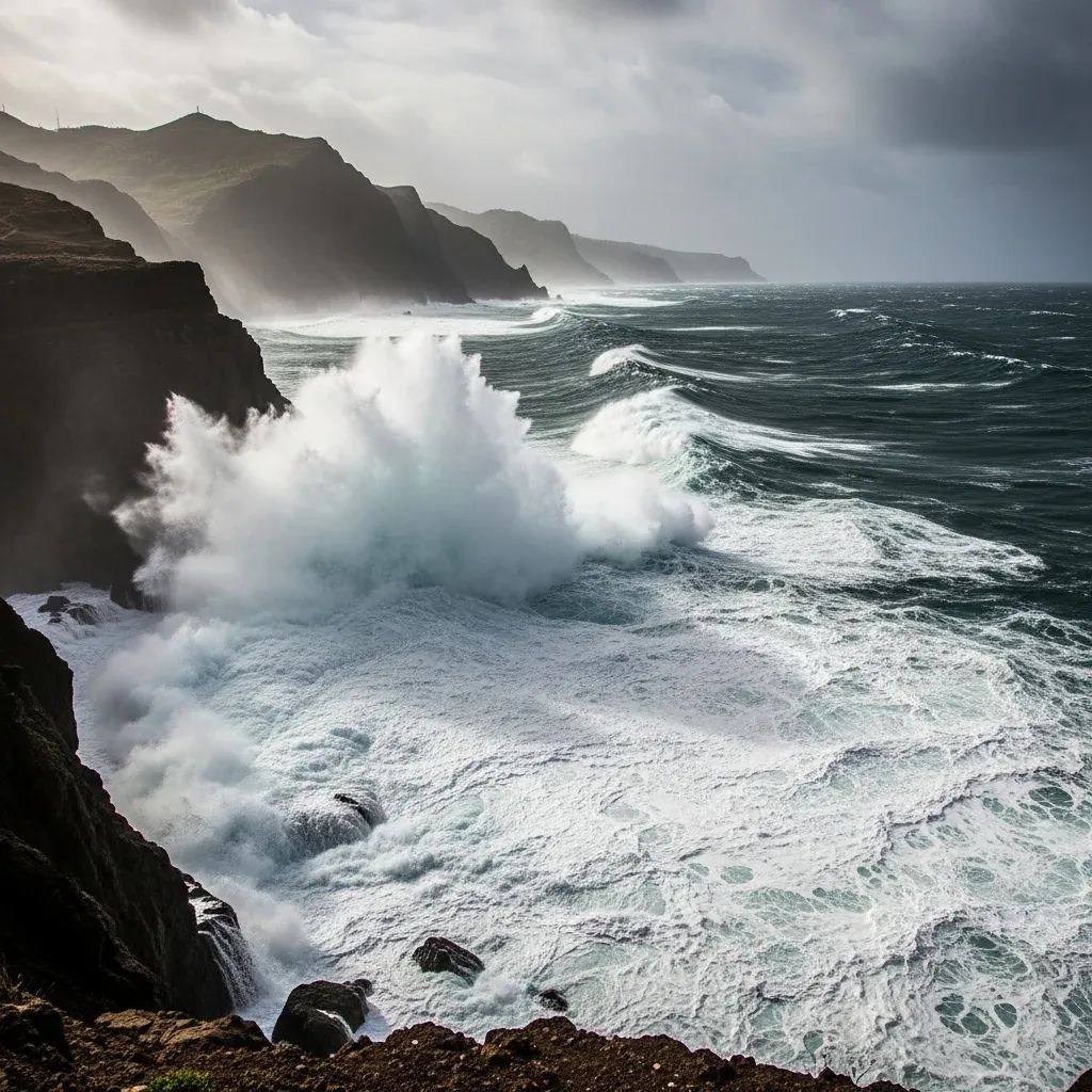 Stormy waves crashing against rocky Madeira coastline under dark clouds