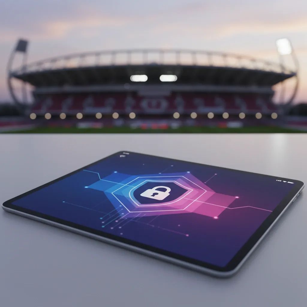 Digital security interface with shield and padlock symbols representing anonymous whistleblower app for football corruption reporting