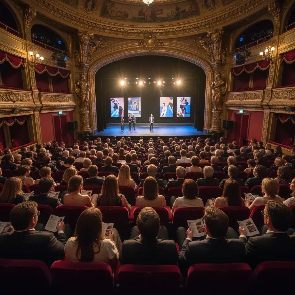 Elegant cinema premiere ceremony with artistic ambiance and formal audience gathering