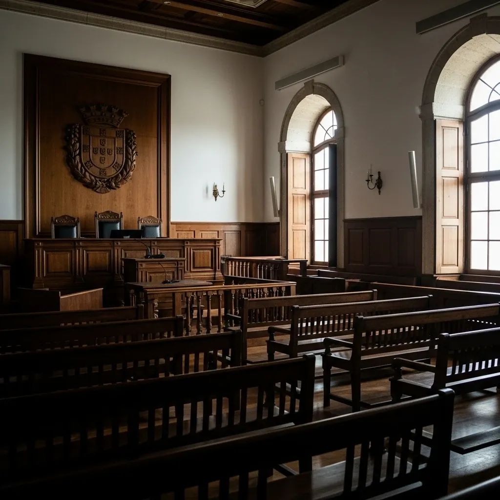 Interior of a Portuguese courtroom with wooden benches and judge's bench