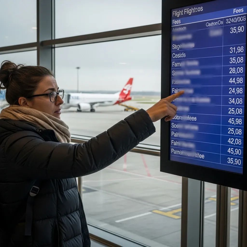Passenger pointing at flight price display board in a Portuguese airport terminal
